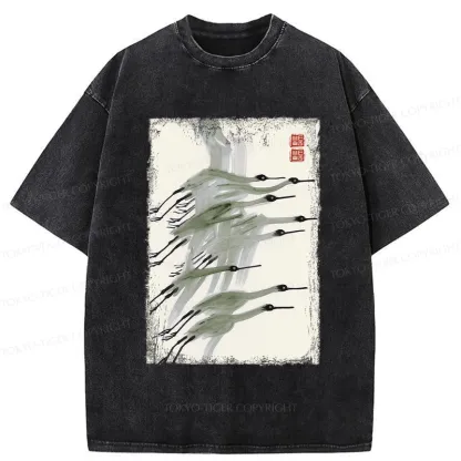 Tokyo-Tiger Flock of Cranes in Flight Washed T-Shirt