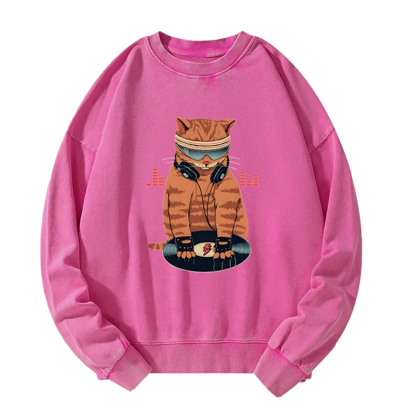 Tokyo-Tiger Funny Cat DJ Washed Sweatshirt
