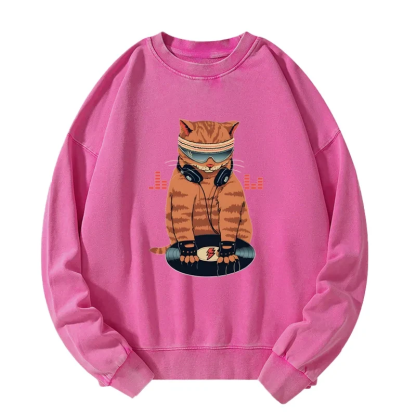 Tokyo-Tiger Funny Cat DJ Washed Sweatshirt