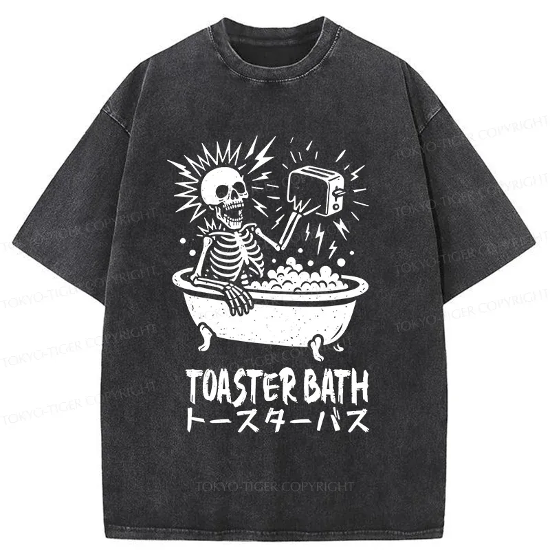 Tokyo-Tiger Funny Skeleton Taking A Bath Washed T-Shirt