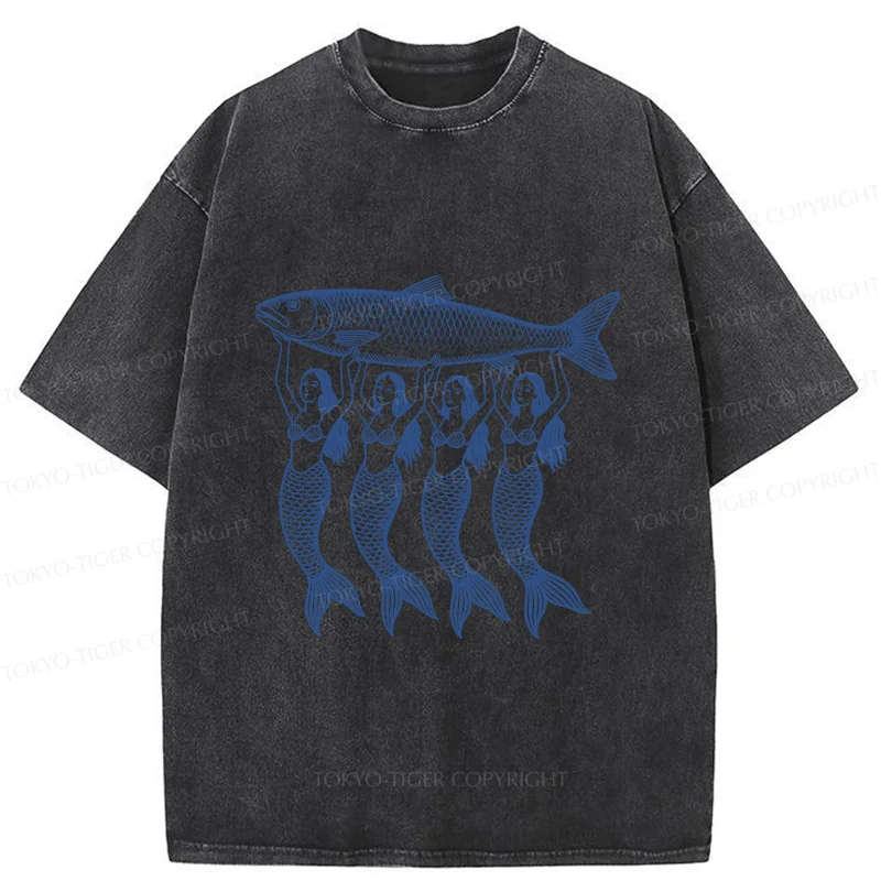 Tokyo-Tiger Mermaids Holding Fish Washed T-Shirt