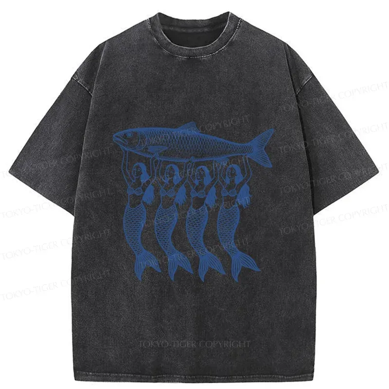 Tokyo-Tiger Mermaids Holding Fish Washed T-Shirt