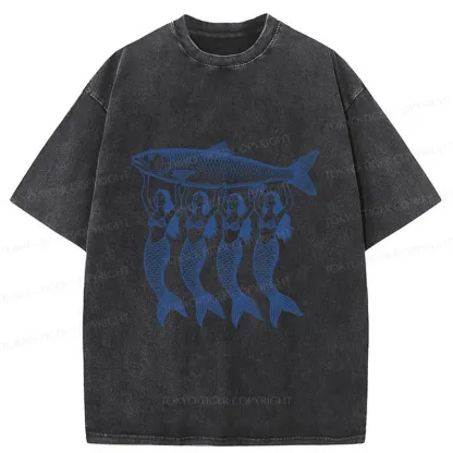 Tokyo-Tiger Mermaids Holding Fish Washed T-Shirt