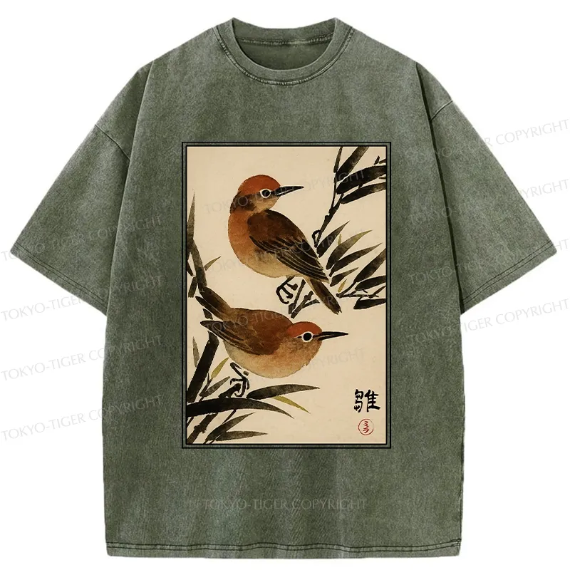 Tokyo-Tiger Sparrows Among Bamboo Washed T-Shirt