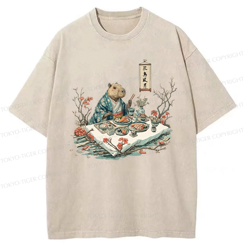 Tokyo-Tiger Capybara Enjoying Sushi Feast Washed T-Shirt