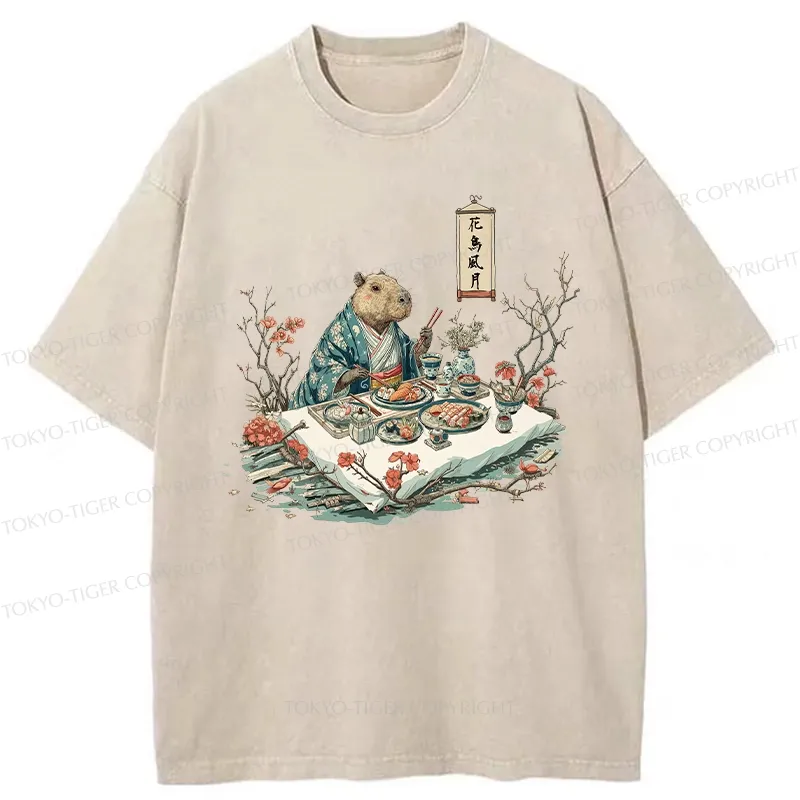 Tokyo-Tiger Capybara Enjoying Sushi Feast Washed T-Shirt