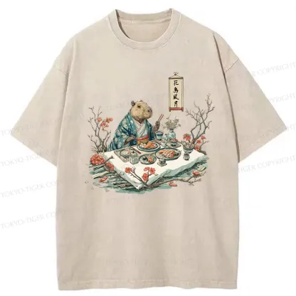Tokyo-Tiger Capybara Enjoying Sushi Feast Washed T-Shirt
