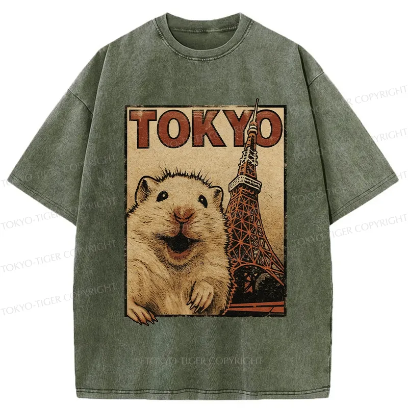 Tokyo-Tiger Happy Hamster Under Tokyo Tower Washed T-Shirt