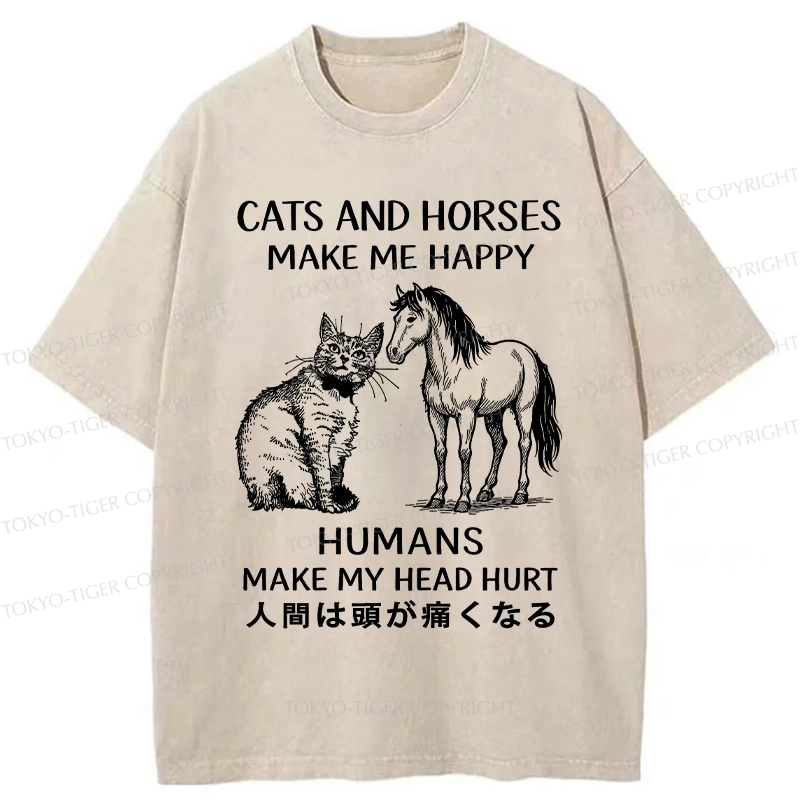 Tokyo-Tiger Funny Cats And Horses Make Me Happy Washed T-Shirt