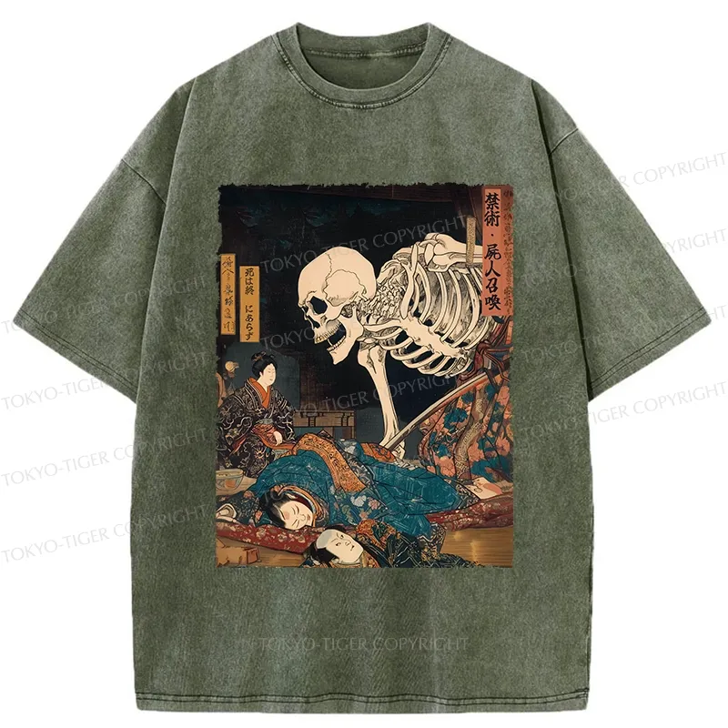 Tokyo-Tiger Ukiyoe Skeleton Yokai Washed T-Shirt