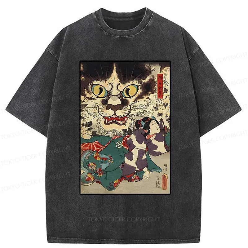 Tokyo-Tiger Japanese Cat Yokai Washed T-Shirt
