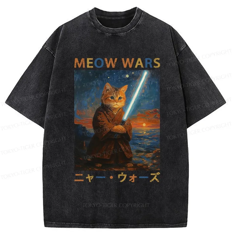 Tokyo-Tiger Funny Meow Wars Washed T-Shirt