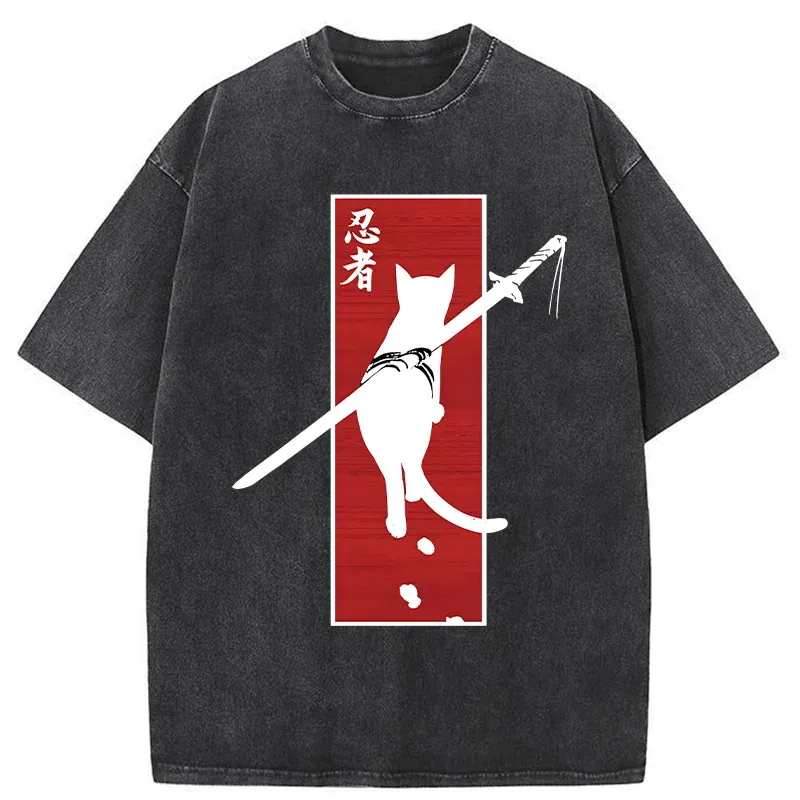 Tokyo-Tiger Lonely Cat Ninja Washed T-Shirt