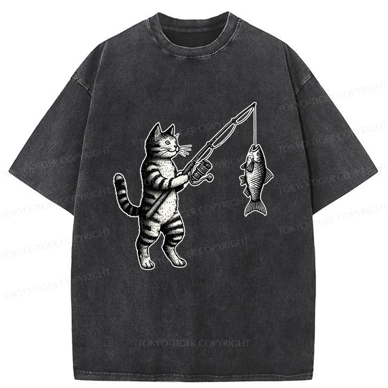 Tokyo-Tiger Cat Fishing Washed T-Shirt
