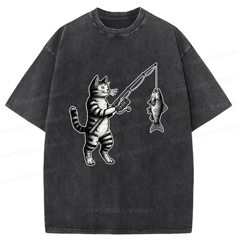 Tokyo-Tiger Cat Fishing Washed T-Shirt
