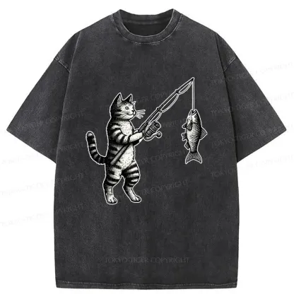 Tokyo-Tiger Cat Fishing Washed T-Shirt