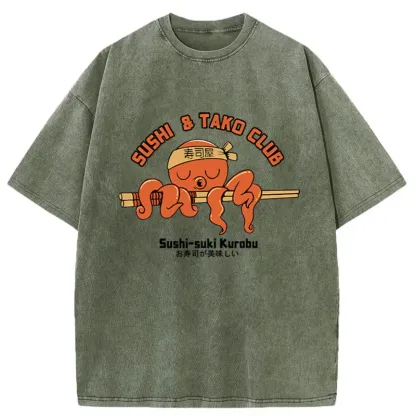 Tokyo-Tiger Octopus And Sushi Washed T-Shirt