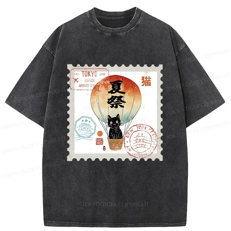 Tokyo-Tiger Japanese Cat Stamp Washed T-Shirt