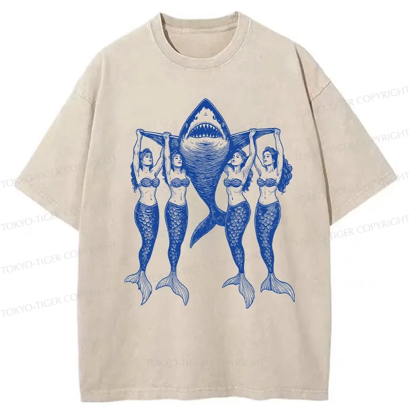 Tokyo-Tiger Mermaids Hoisting The Shark Washed T-Shirt