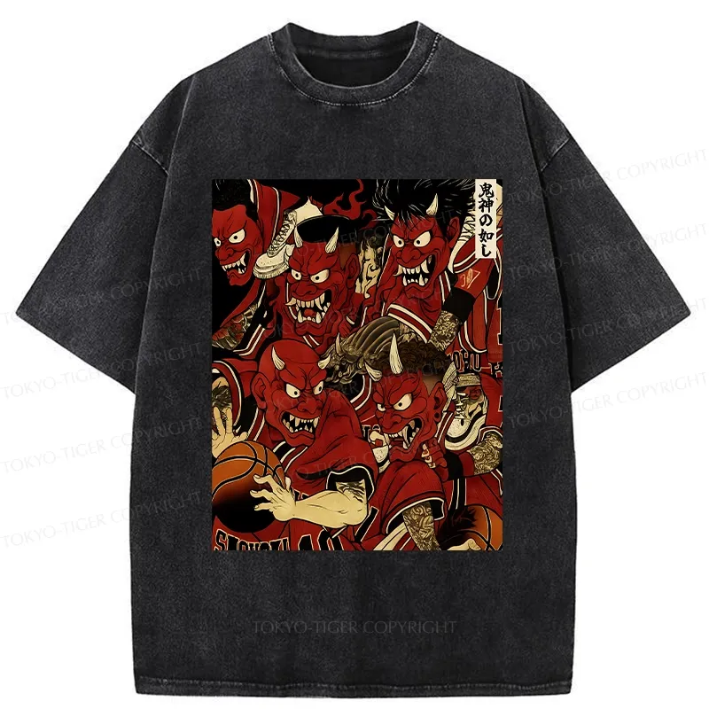Tokyo-Tiger Demons Playing Basketball Washed T-Shirt