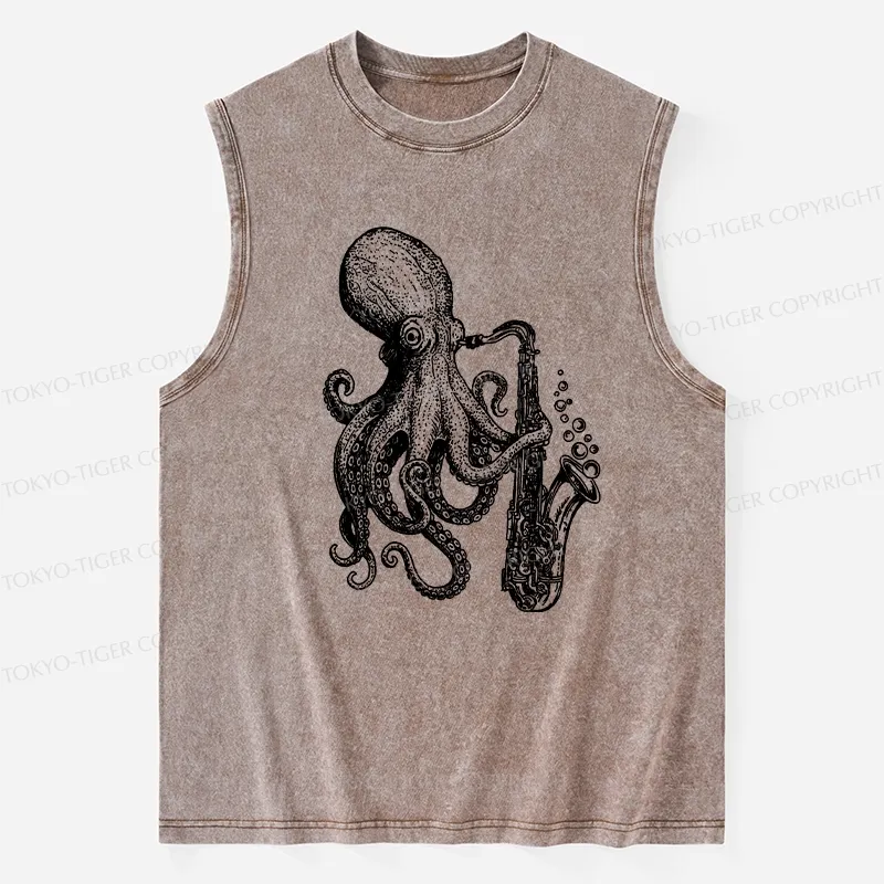 Tokyo-Tiger Octopus Playing Saxophone Washed Tank