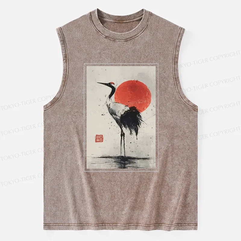 Tokyo-Tiger Retro Japanese Red-crowned Crane Washed Tank