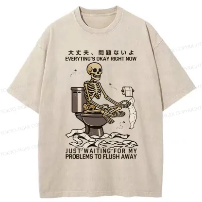 Tokyo-Tiger Funny Flushing Away Skeleton’s Question Washed T-Shirt