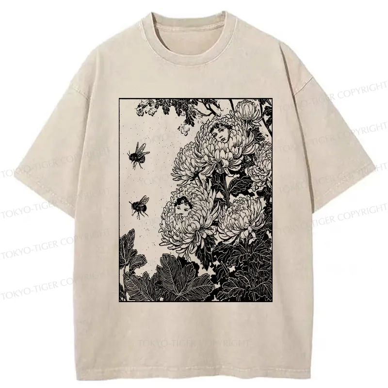 Tokyo-Tiger Chrysanthemums With Hidden Elf Washed T-Shirt