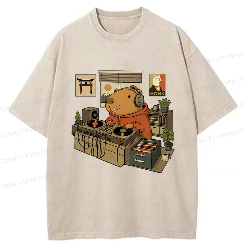 Tokyo-Tiger Funny Capybara DJ Washed T-Shirt