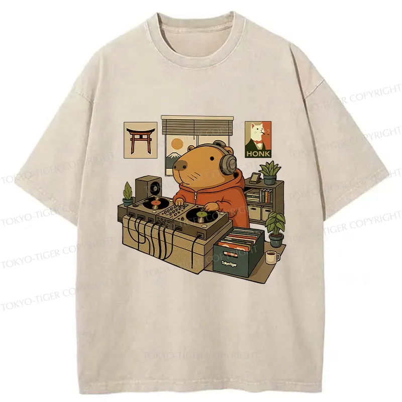 Tokyo-Tiger Funny Capybara DJ Washed T-Shirt