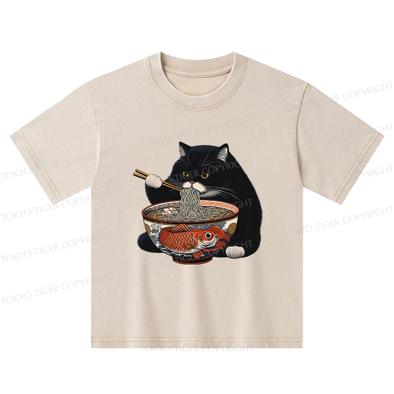Tokyo-Tiger Fat Cat Eating Ramen Kids Washed T-Shirt