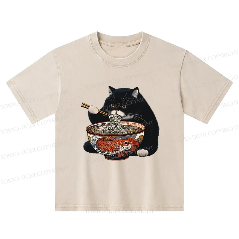 Tokyo-Tiger Fat Cat Eating Ramen Kids Washed T-Shirt