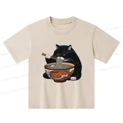 Tokyo-Tiger Fat Cat Eating Ramen Kids Washed T-Shirt
