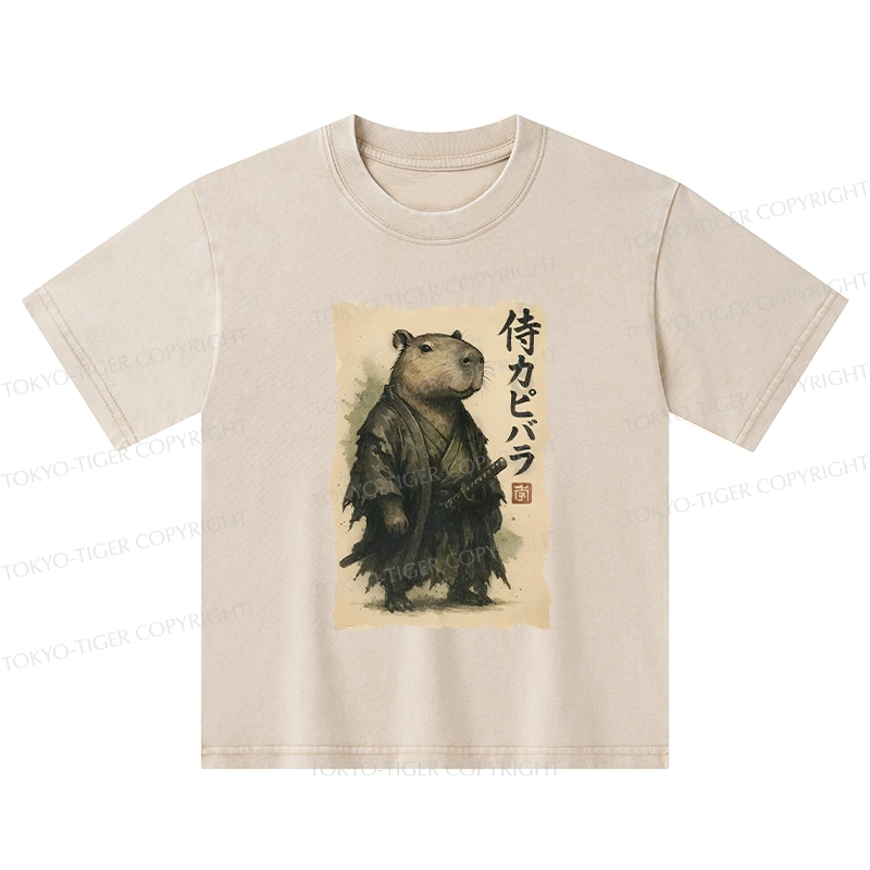 Tokyo-Tiger Capybara Samurai Kids Washed T-Shirt
