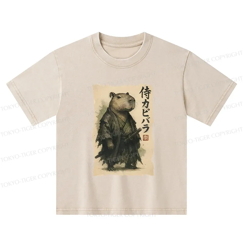 Tokyo-Tiger Capybara Samurai Kids Washed T-Shirt