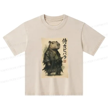 Tokyo-Tiger Capybara Samurai Kids Washed T-Shirt