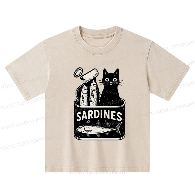 Tokyo-Tiger Cat And Canned Fish Kids Washed T-Shirt