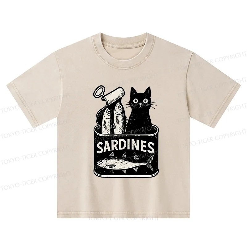 Tokyo-Tiger Cat And Canned Fish Kids Washed T-Shirt