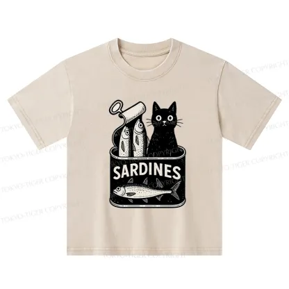Tokyo-Tiger Cat And Canned Fish Kids Washed T-Shirt