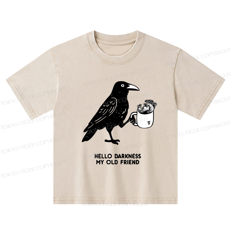 Tokyo-Tiger Crow Drinking Black Coffee Funny Kids Washed T-Shirt