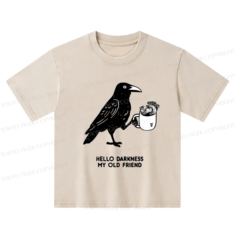 Tokyo-Tiger Crow Drinking Black Coffee Funny Kids Washed T-Shirt