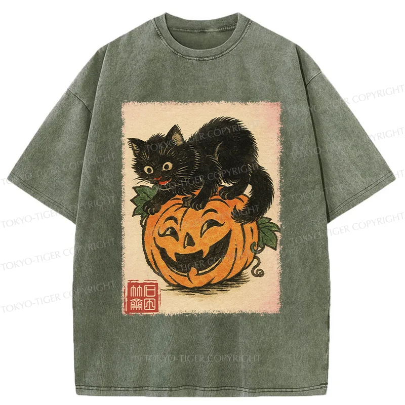 Tokyo-Tiger Black Cat And Pumpkin Washed T-Shirt