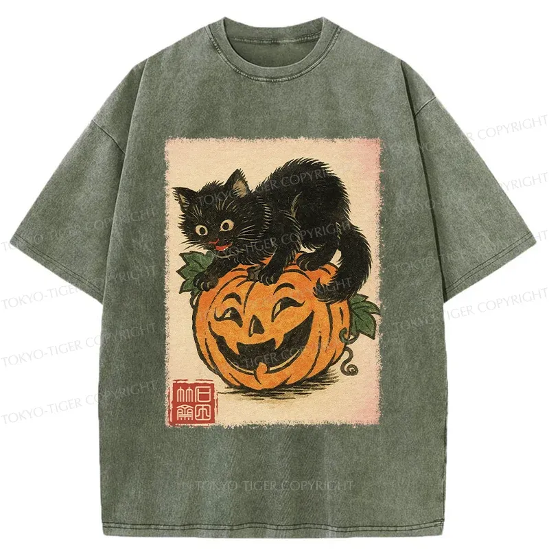 Tokyo-Tiger Black Cat And Pumpkin Washed T-Shirt