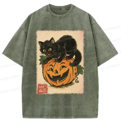 Tokyo-Tiger Black Cat And Pumpkin Washed T-Shirt