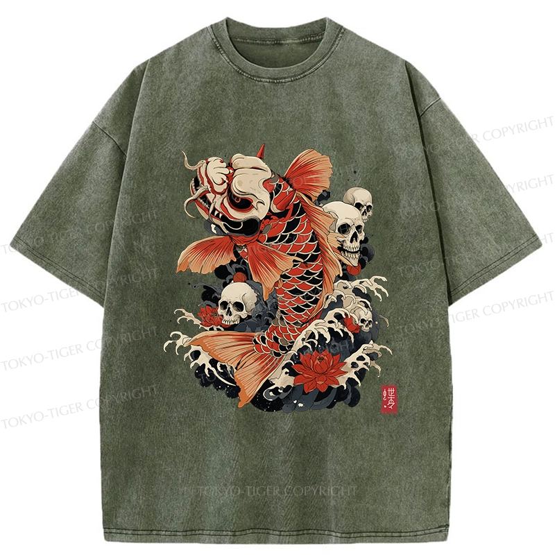 Tokyo-Tiger Japanese Koi And Skull Washed T-Shirt