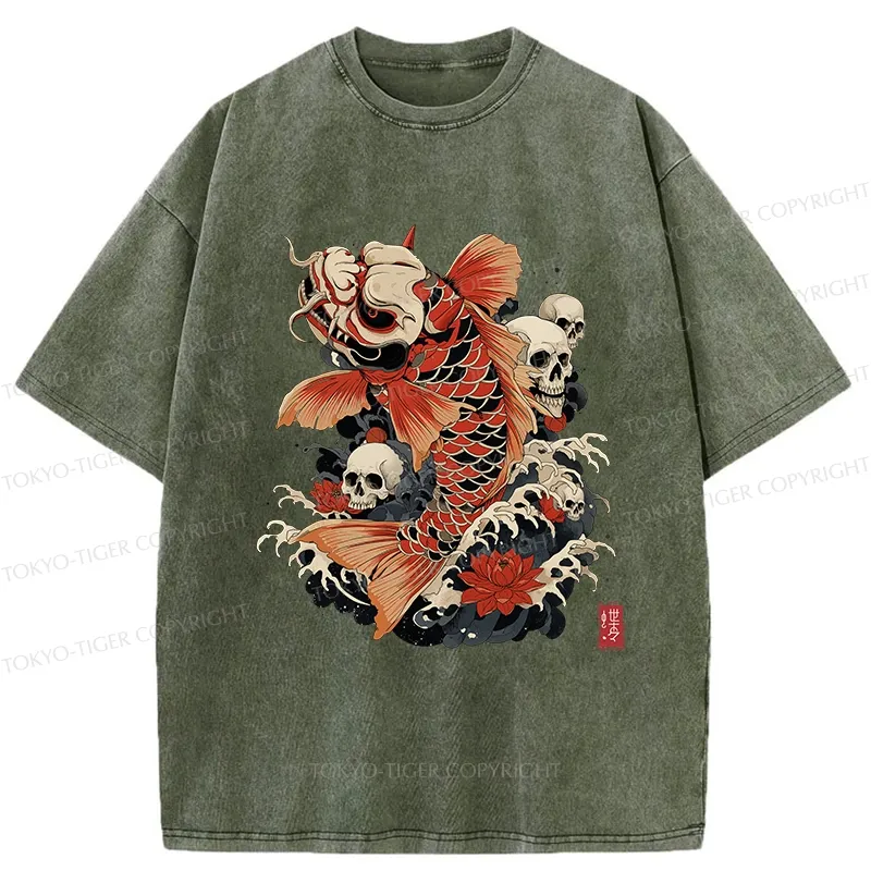 Tokyo-Tiger Japanese Koi And Skull Washed T-Shirt
