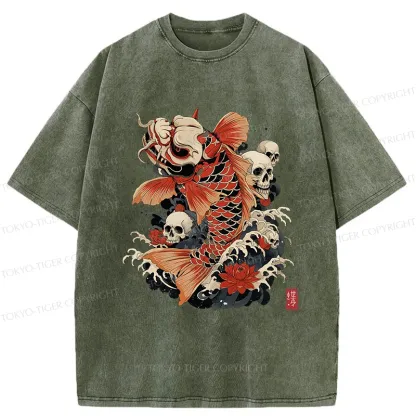 Tokyo-Tiger Japanese Koi And Skull Washed T-Shirt