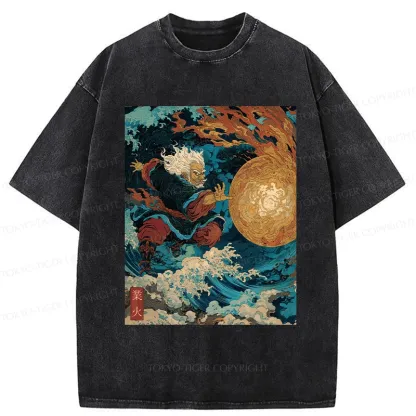 Tokyo-Tiger Samurai Controls Fireball Washed T-Shirt