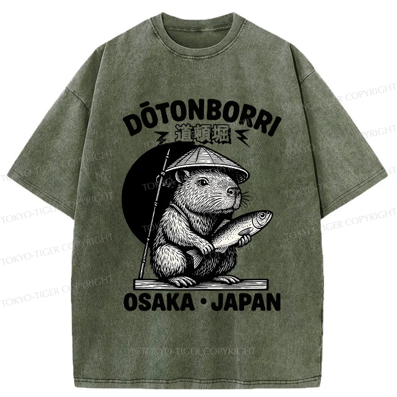 Tokyo-Tiger Capybara Holding A Fish Washed T-Shirt