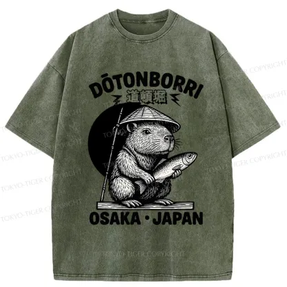 Tokyo-Tiger Capybara Holding A Fish Washed T-Shirt